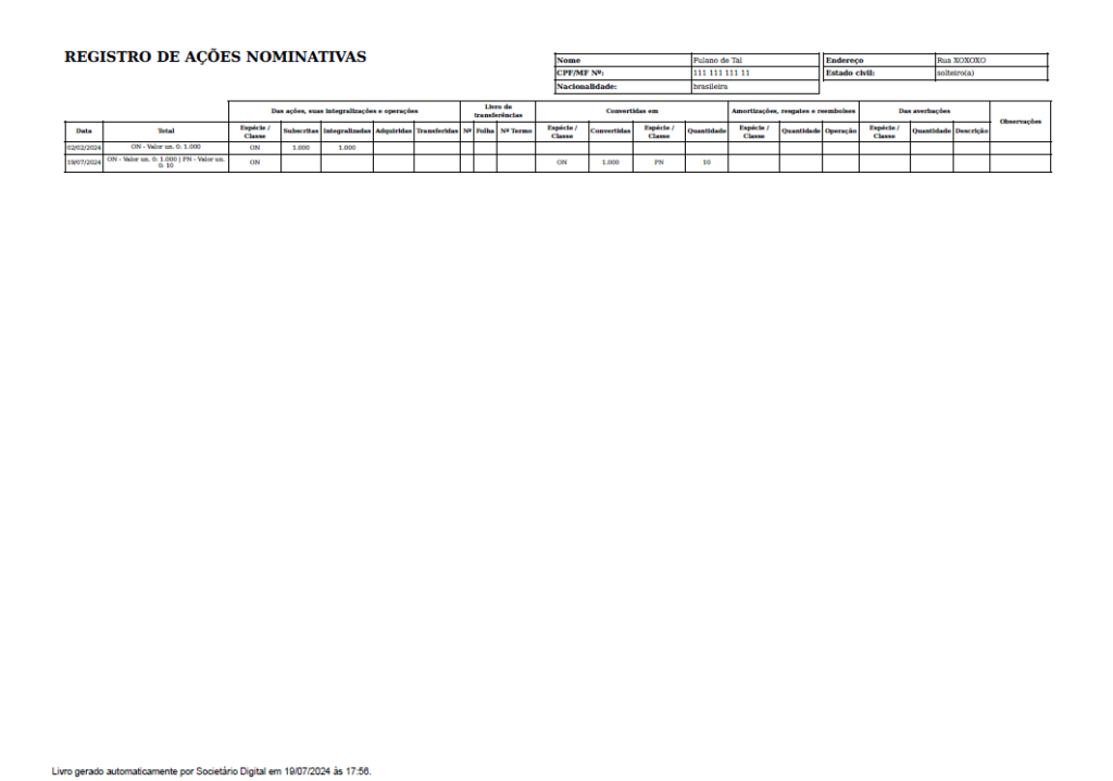 Registro de Ações Nominativas gerado automaticamente