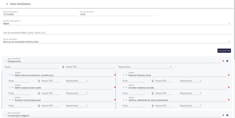 Tela de workflow de atos e eventos societários